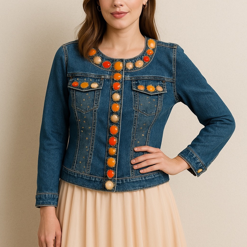 BEREK Embellished Denim Jacket | Beaded, Sequin Red Tone Stones | Sz Small